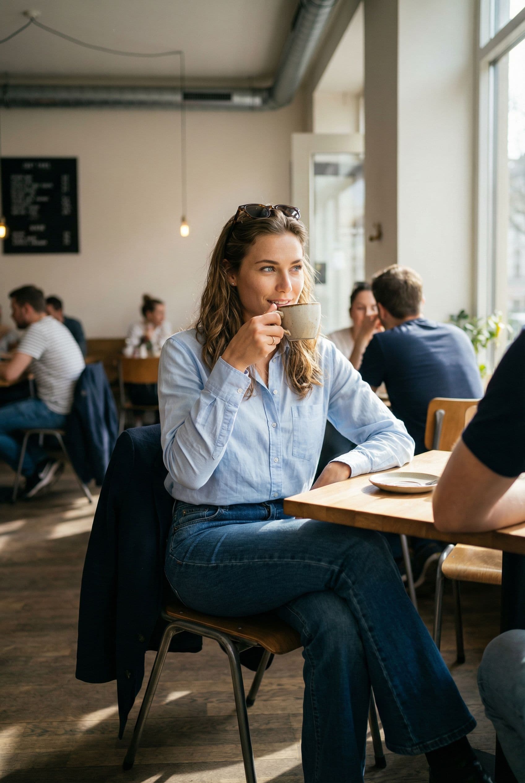 AI Coffee Shop Dating Photos example showing a warm café, coffee bar, or outdoor terrace