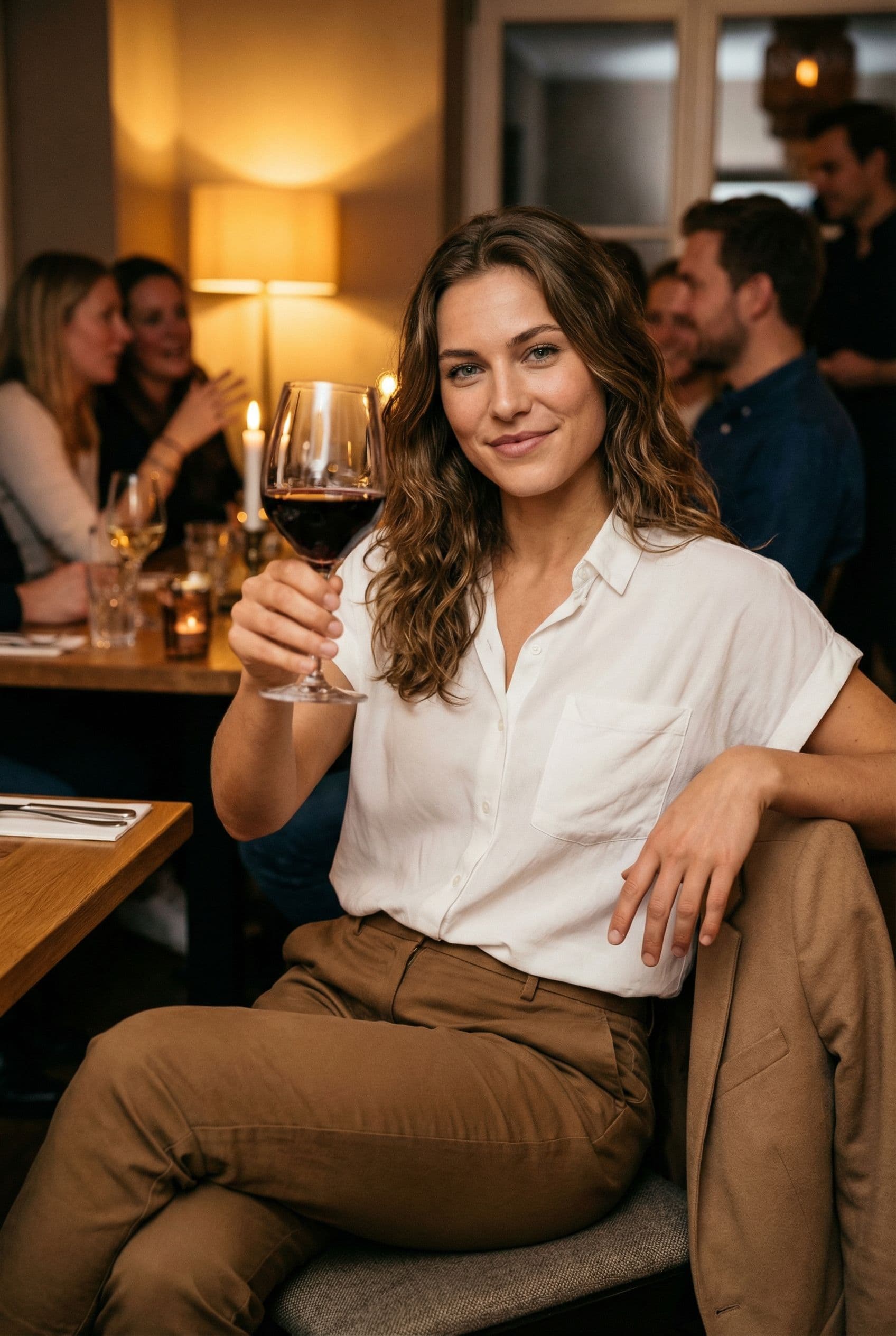 AI Wine Tasting Dating Photos example showing a stone wine cellar, tasting room, or warm vineyard bar