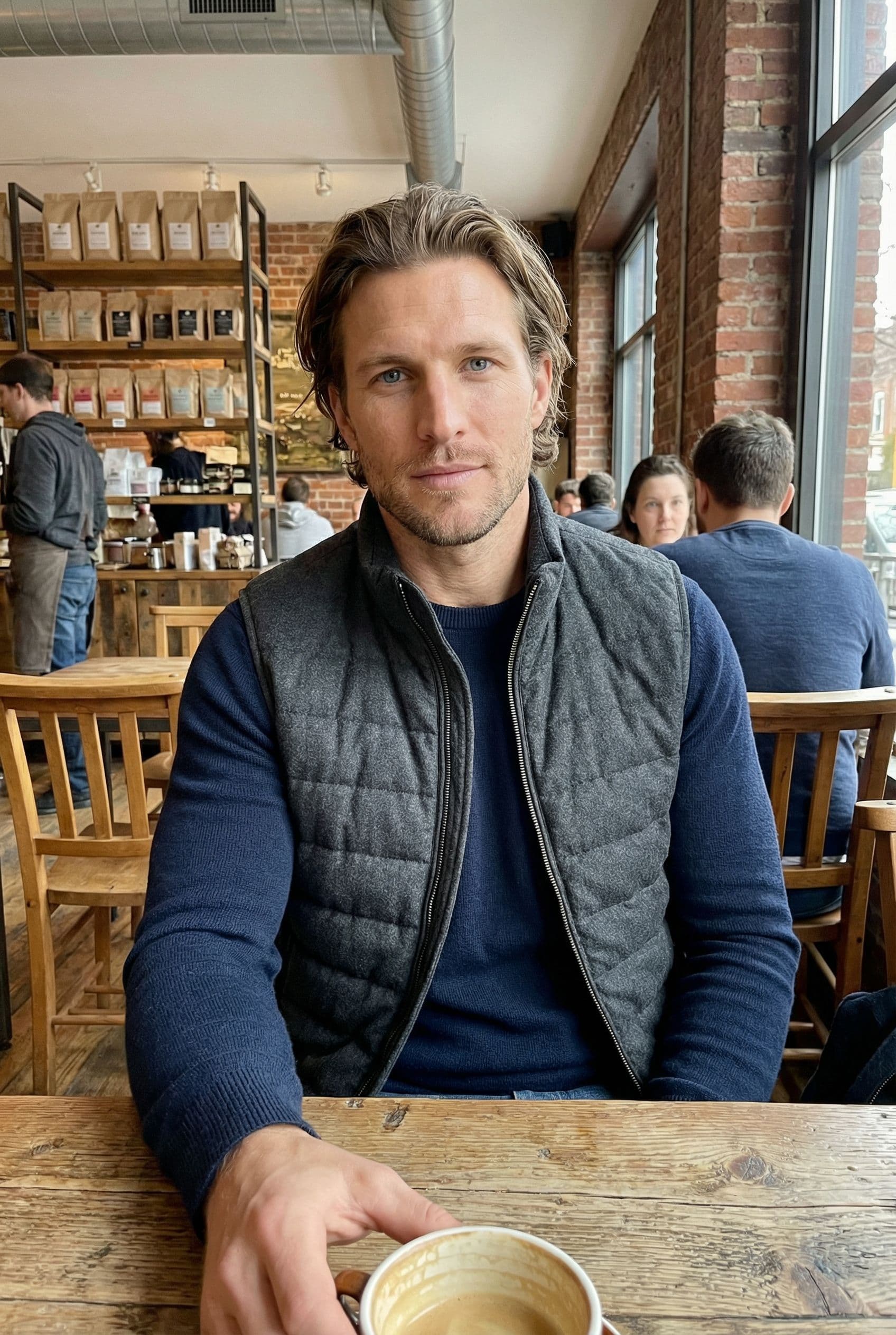 AI Coffee Shop Dating Photos example showing a warm café, coffee bar, or outdoor terrace