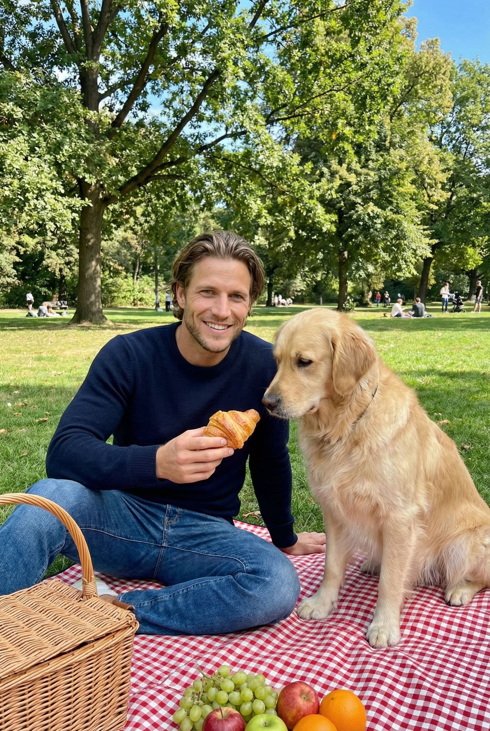 AI Dog Park Dating Photos example showing a green park with a friendly dog