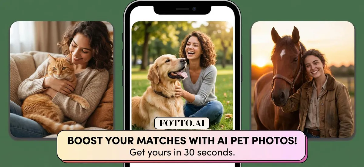 AI-generated dating profile photo of a pet lover with their cat, dog and horse
