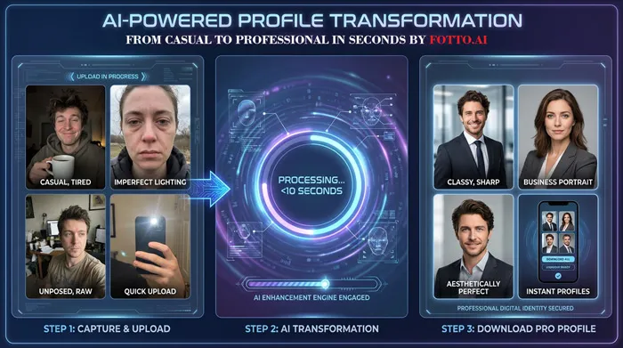 Avant et après : selfie ordinaire transformé en photo professionnelle LinkedIn avec l’IA Fotto.ai Avant et après : selfie ordinaire transformé en photo professionnelle LinkedIn avec l’IA Fotto.ai